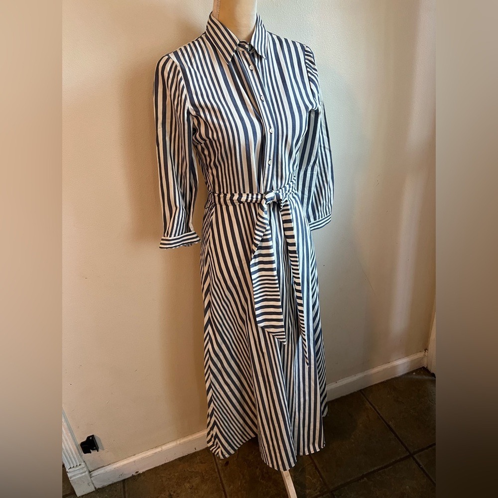 Zara Navy and White Vertical Stripe Midi Shirt Dress with Tie Waist